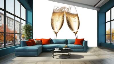 Champagne glasses toasting with Champagne splashing in an isolated and transparent PNG Celebration-themed, photorealistic illustration. Generative ai Wall mural