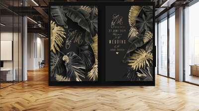 tropical leaves black and gold wedding cards Wall mural