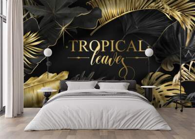 Vector horizontal banner with gold tropical leaves Wall mural