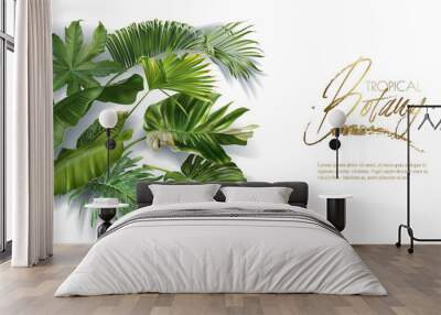 Vector horizontal banner with green tropical leaves on white background. Luxury exotic botanical design for cosmetics, spa, perfume, aroma, beauty salon. Best as wedding invitation card Wall mural