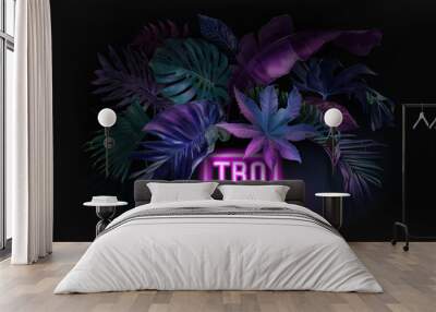 Vector neon banner with tropical leaves on black Wall mural