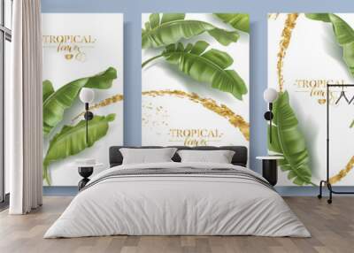 Vector tropical banners set. Banana leaf with gold splash on white background. Exotic botany for cosmetics, spa, perfume, health care products, aroma, tourist agency. Best as wedding invitation design Wall mural