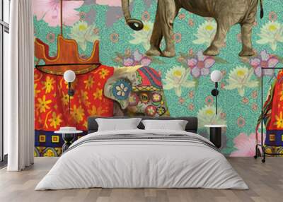 Seamless pattern with indian elephants. Hand drawn vector. Wall mural