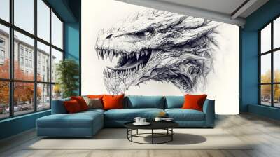 A detailed pencil drawing of a dragon's head, with a sharp and powerful expression. Wall mural