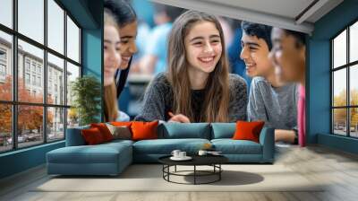 Teenage Friends Sharing a Laugh in a School Cafeteria Wall mural