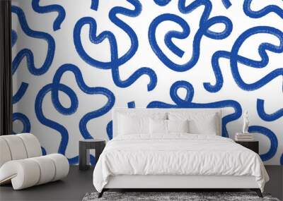 Abstract ink brush waves, squiggles, strokes vector seamless pattern. Blue swirls, scribbles background Wall mural