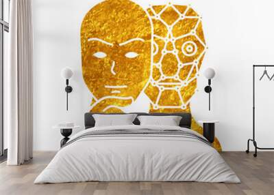 Deep fake concept robot wearing human face mask drawing in gold color style Wall mural