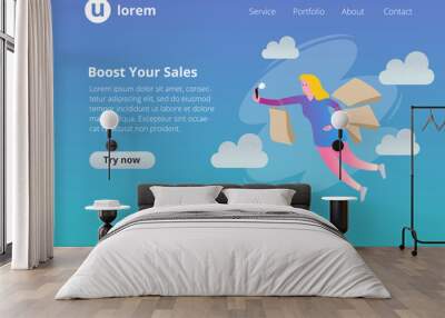 Website page template with illustration. Flying woman holding shopping bags. Wall mural