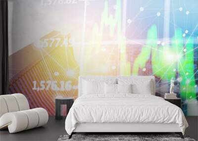 Double exposure business network connection and global economy and money  trading graph background. Trend of future digital business economy. elements of this Images furnished by NASA. Wall mural