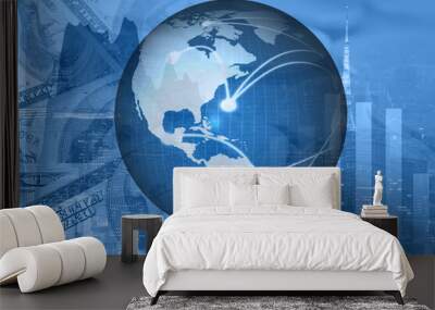 Double exposure business network connection and global economy and money  trading graph background. Trend of future digital business economy. elements of this Images furnished by NASA. Wall mural