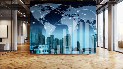 Double exposure business network connection and global economy and money  trading graph background. Trend of future digital business economy. elements of this Images furnished by NASA. Wall mural