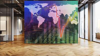 Double exposure business network connection and money on city with global map. Element of this images furnished by NASA Wall mural