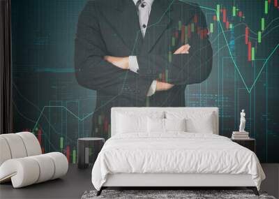 Double exposure businessman on city and trading investment graph and trend  background Wall mural