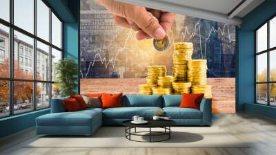 Double exposure digital networking technology on Money and financial city background. Concept of future business trend.  element of this images furnished by NASA. Wall mural