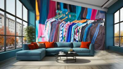 multicolor clothes hang on shelf display in store Wall mural