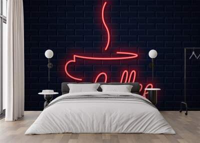 Coffee cup neon sign. Coffee neon lettering Wall mural