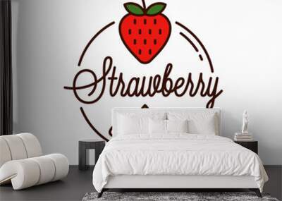 Strawberry logo. Round linear logo of organic Wall mural