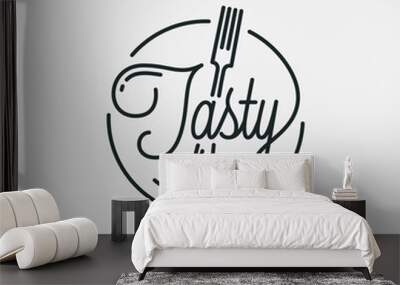 Tasty food logo. Round linear of plate and fork Wall mural