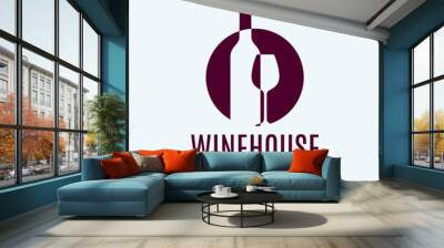 Wine bottle logo with wine glass on white Wall mural