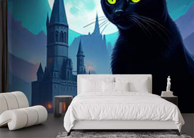 Full moon, black cat, scarry pumpkins and gothic castle at decorative Halloween illustration Wall mural