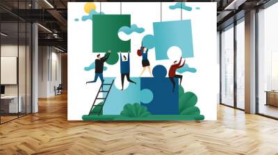 Office Cooperative Teamwork. People Build Puzzles. Problem Solution Business Concept Vector Illustration Wall mural