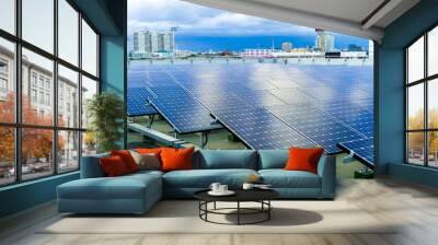 Solar Power cells panels for clean energy. Solar   panels on the roof . Solar farm is future energy. Wall mural