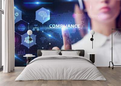 Business, Technology, Internet and network concept. Young businessman working on a virtual screen of the future and sees the inscription: Compliance Wall mural