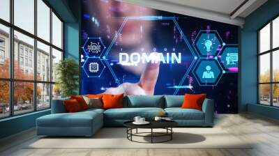 Business, Technology, Internet and network concept. Young businessman working on a virtual screen of the future and sees the inscription: Domain Wall mural