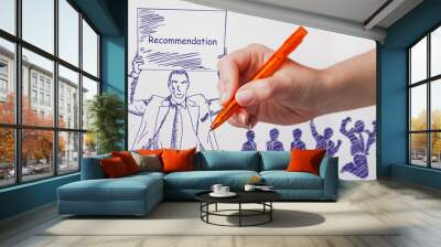 Business, technology, internet and networking concept. The girl draws a pen businessman with a poster in his hands. The sign reads: Recommendation Wall mural