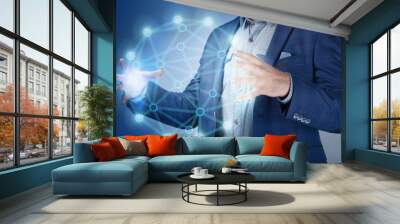 Businessman make virtual screens. Business, technology, internet Wall mural