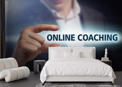 Businessman presses button online coaching on virtual screens. B Wall mural