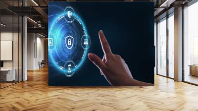 Cyber security data protection business technology privacy concept. Young businessman  select the icon security on the virtual display. Wall mural