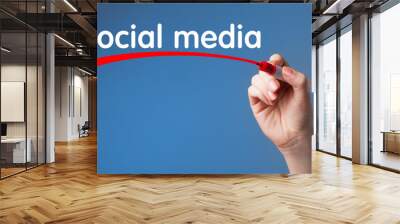 Hand writing Social media red marker on transparent wipe board.B Wall mural