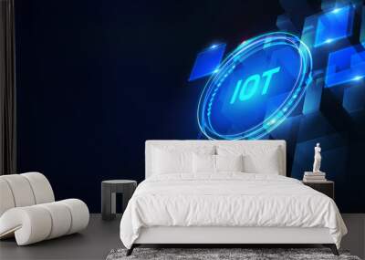 Internet of things - IOT concept. Businessman offer IOT products and solutions. Young businessman  select the abstract chip with text IoT on the virtual display Wall mural