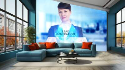 The concept of business, technology, the Internet and the network. A young entrepreneur working on a virtual screen of the future and sees the inscription: Lead generation Wall mural