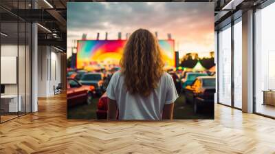 1990s-Inspired Styling with a Classic Car in the Background, Enjoying a Movie at the Drive-In Theater Wall mural