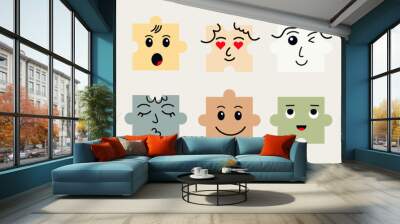 Abstract Puzzle creatures with Faces. Various Emotions. Different colored characters. Bright textures. Cartoon style. Flat design. Hand drawn trendy Vector illustration.  Wall mural