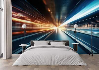 Blurred motion in an urban tunnel, racing towards the luminescent end Wall mural