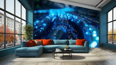 close-up of blue network cables linked in a high-tech data center Wall mural