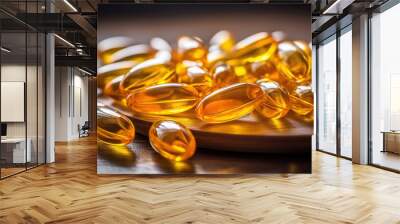 Close up vitamin D and Omega 3 fish oil capsules supplement on wooden plate. Generative Ai Wall mural