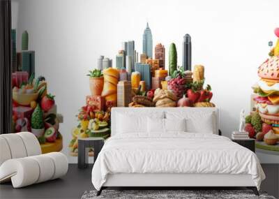 Creative cityscape with stacked fruits and vegetables isolated on transparent background Wall mural