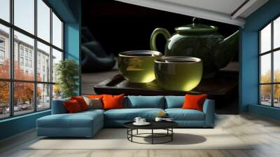 Cup with green tea and teapot. Generative Ai Wall mural