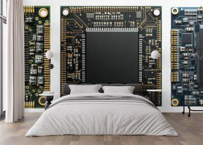 Detailed closeup of computer circuit boards with intricate wiring isolated on transparent background Wall mural