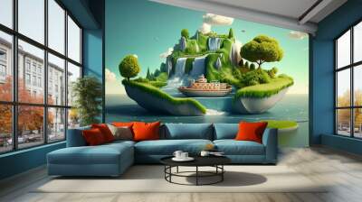 Dreamy Unreal Float Landscape with Waterfall Paradise Idea, Blue Sky Clouds, Floating Island, River Stream, Green Grass, and Ship. Generative Ai Wall mural