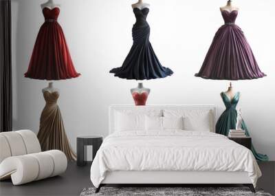 Elegant evening gowns in various colors isolated on transparent background Wall mural