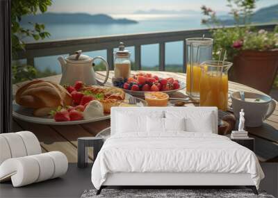 Fresh Breakfast in a beautiful location with sea views. Generative Ai Wall mural