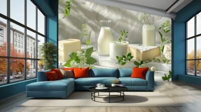 Fresh Dairy Products with Greenery in Sunlit Setting Wall mural