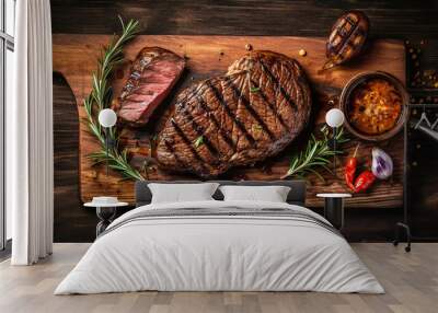 Fresh grilled meat. Grilled beef steak medium rare on wooden cutting board. Top view. Generative Ai Wall mural