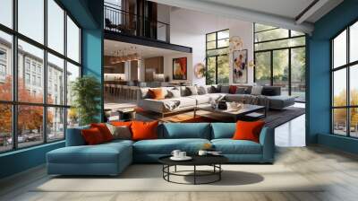 Large modern luxury living room interior in Bellevue home. Generative Ai Wall mural