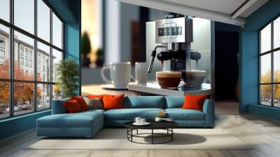 Modern coffee machine with cup on counter in kitchen. Generative Ai Wall mural